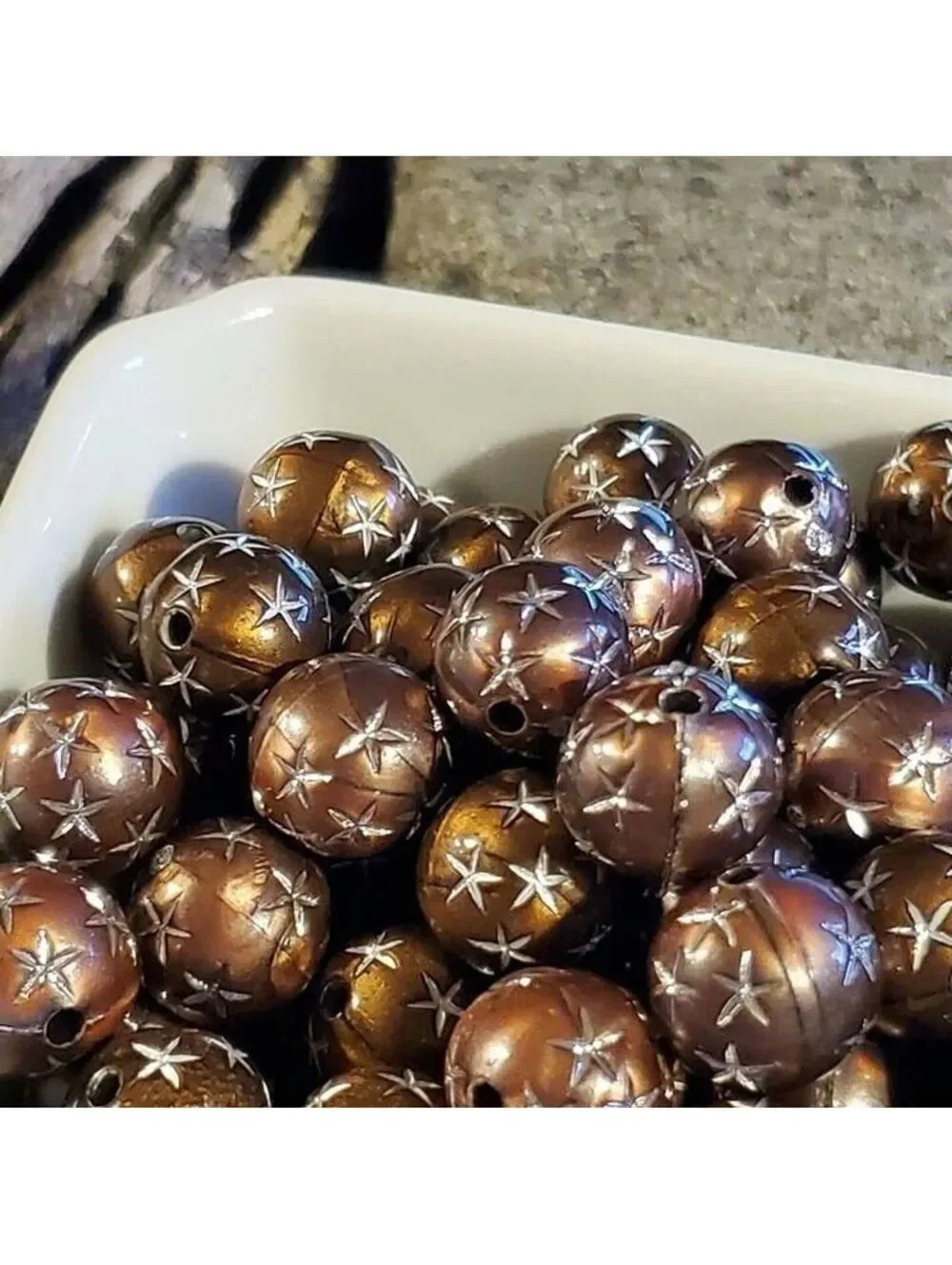 10 Vintage Retro Brown Silver Stars 12mm Round Acrylic Shabby Chic Beads